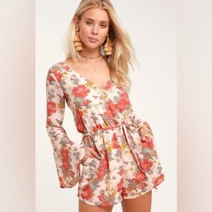 Lulus Always Thriving Blush Pink Floral Print Bell Sleeve Romper